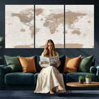Framed Large World Map Canvas Print for Office Decor