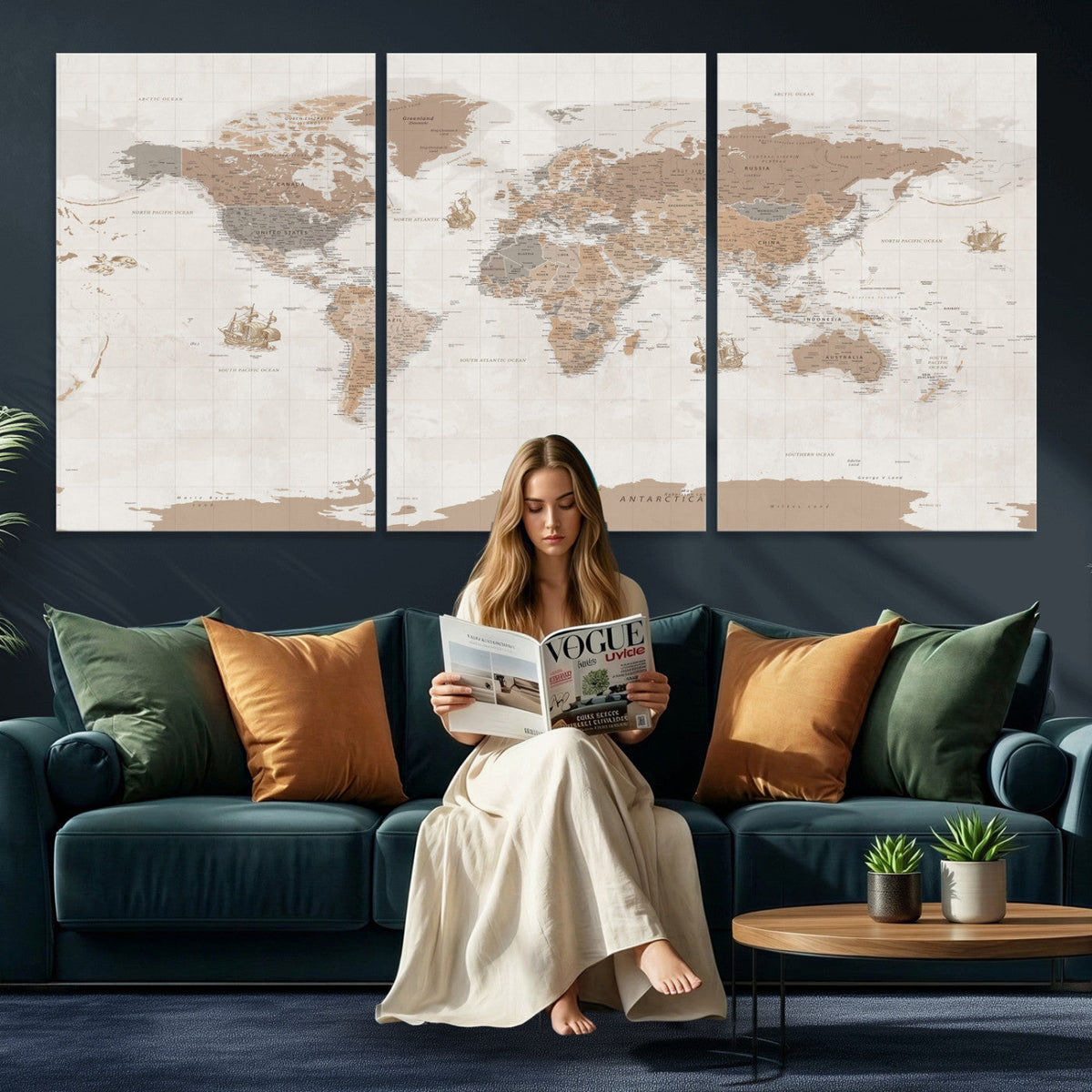Framed Large World Map Canvas Print for Office Decor