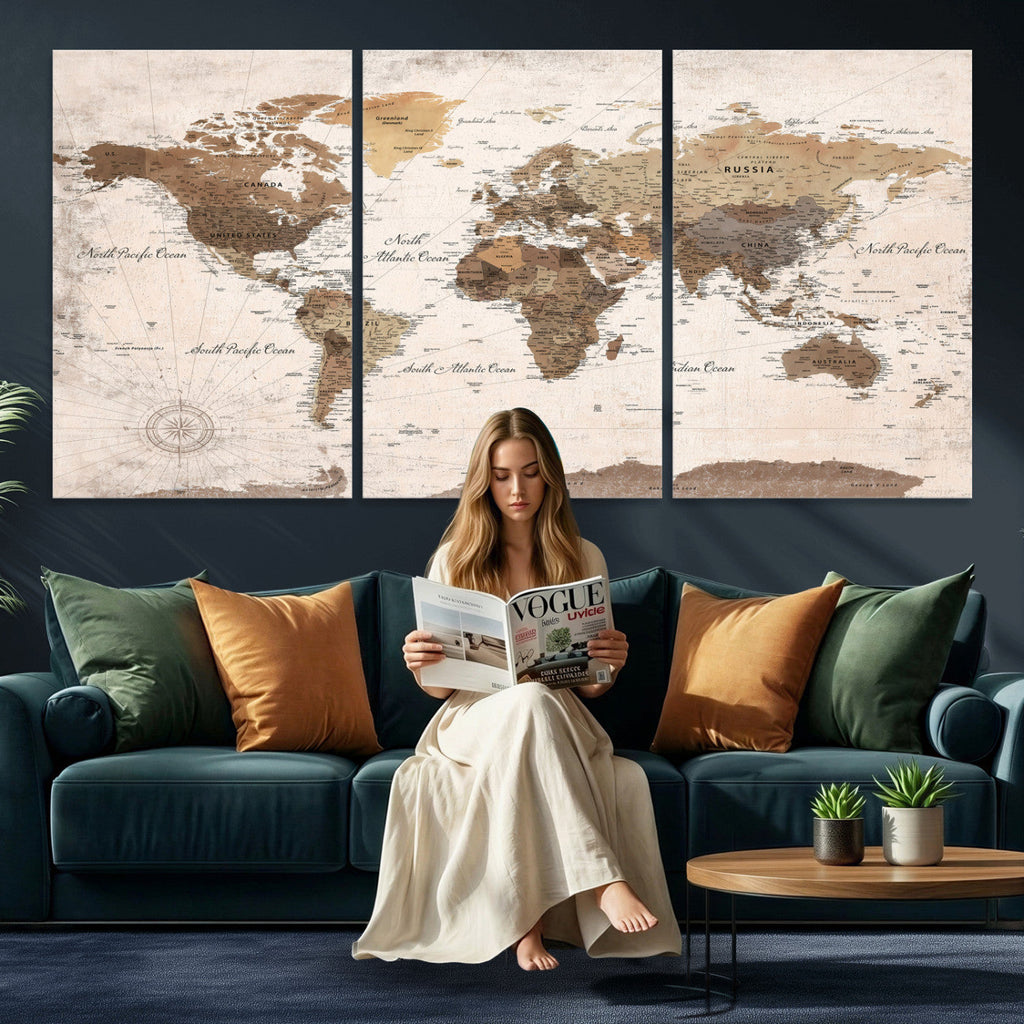 Modern World Map Canvas Print | Framed Travel Map Wall Art
