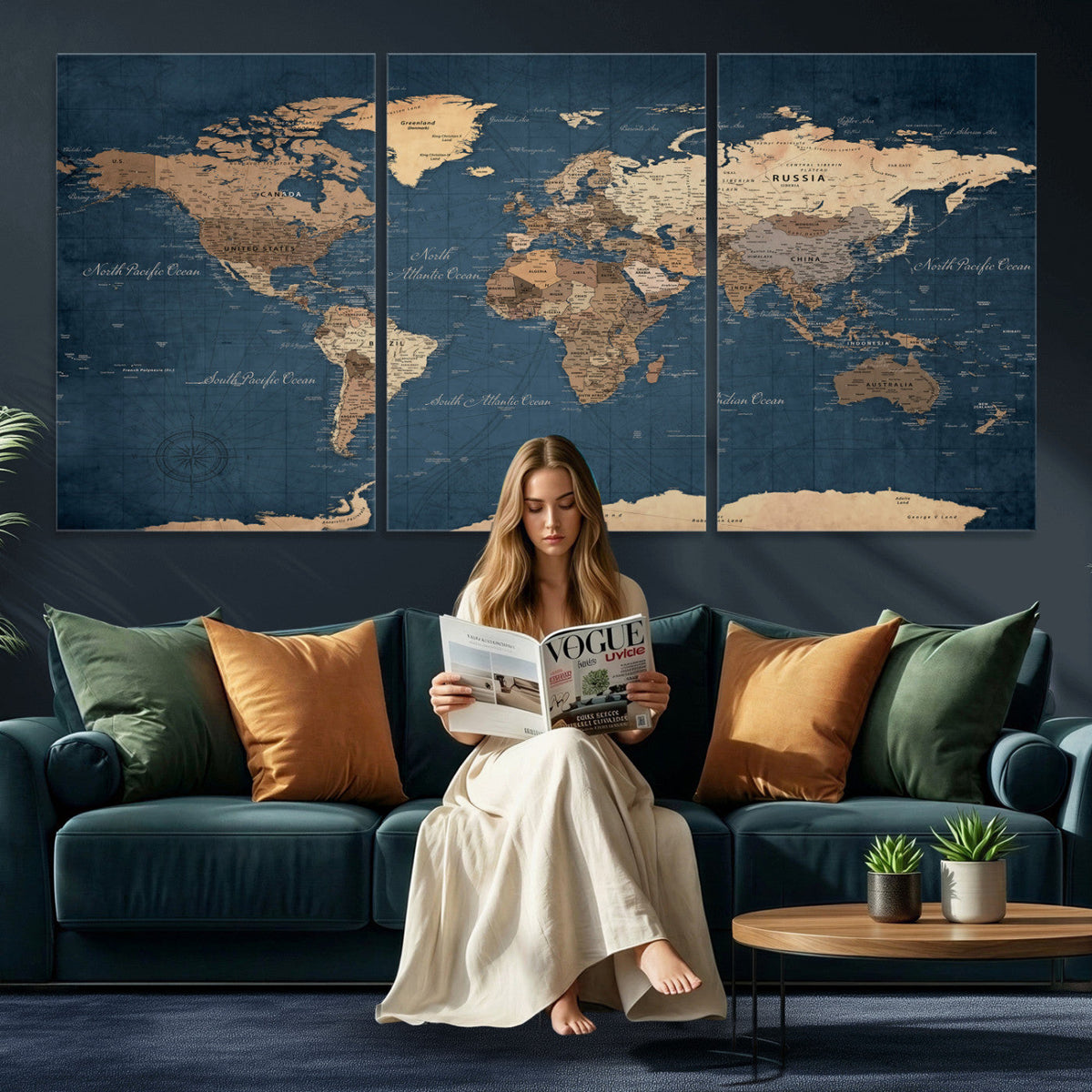 Navy Blue World Map Canvas Print | Framed Travel Map Wall Art