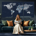 Blue Detailed World Map Wall Art Canvas Print | Modern Framed Map