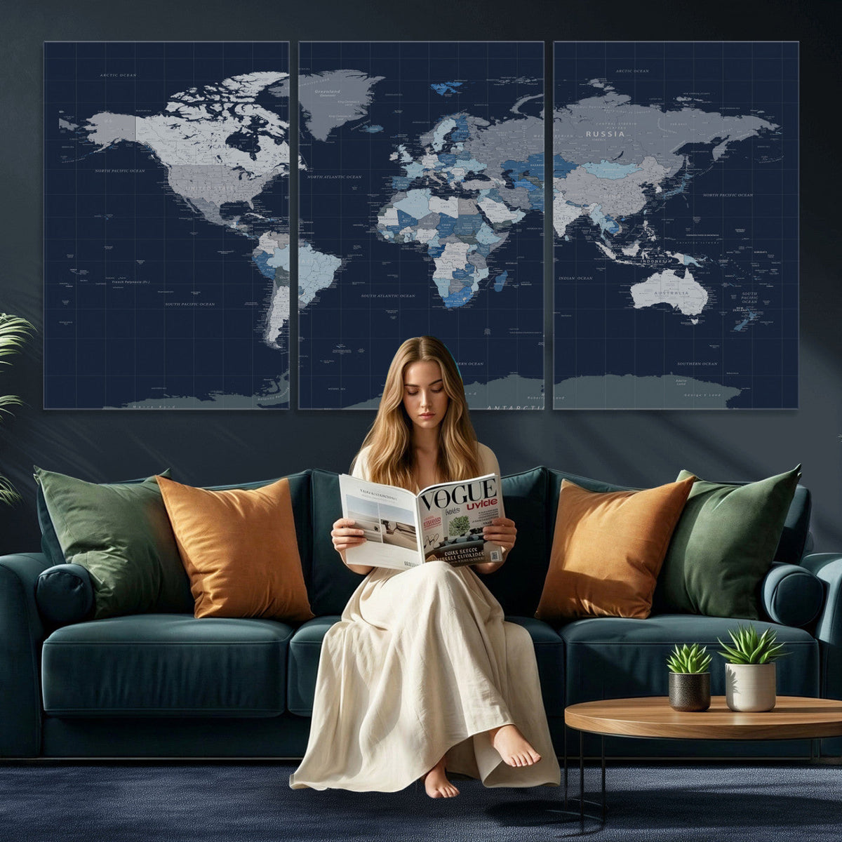 Blue Detailed World Map Wall Art Canvas Print | Modern Framed Map
