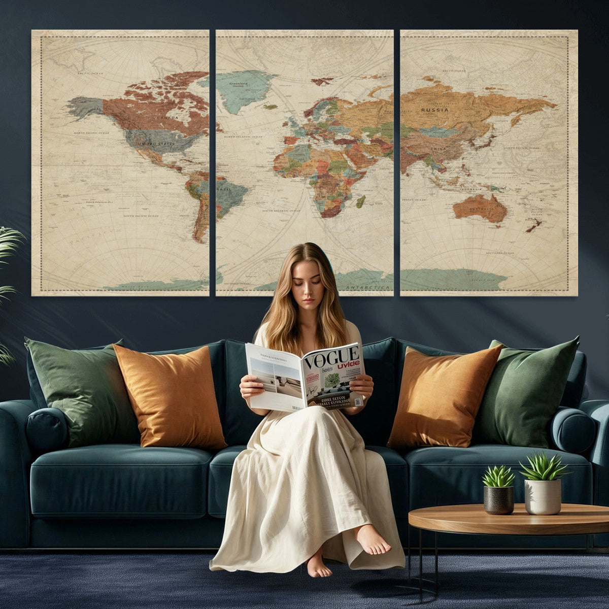 Vintage World Map Canvas Wall Art Print | Framed Modern World Map
