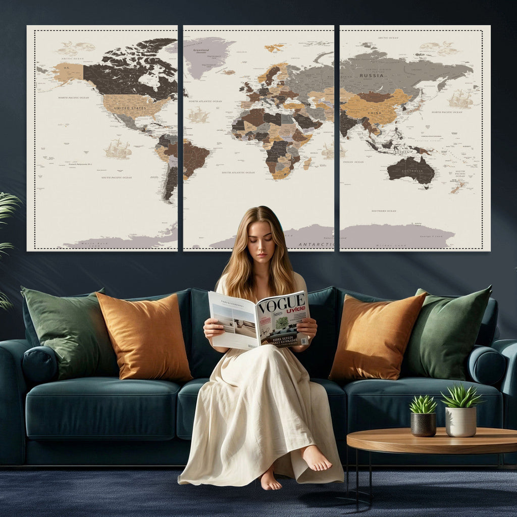 Custom Beige Modern Push Pin World Map Canvas Print, Places Visited Tracker, Bedroom and Study Decor