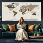 Custom Beige Modern Push Pin World Map Canvas Print, Places Visited Tracker, Bedroom and Study Decor