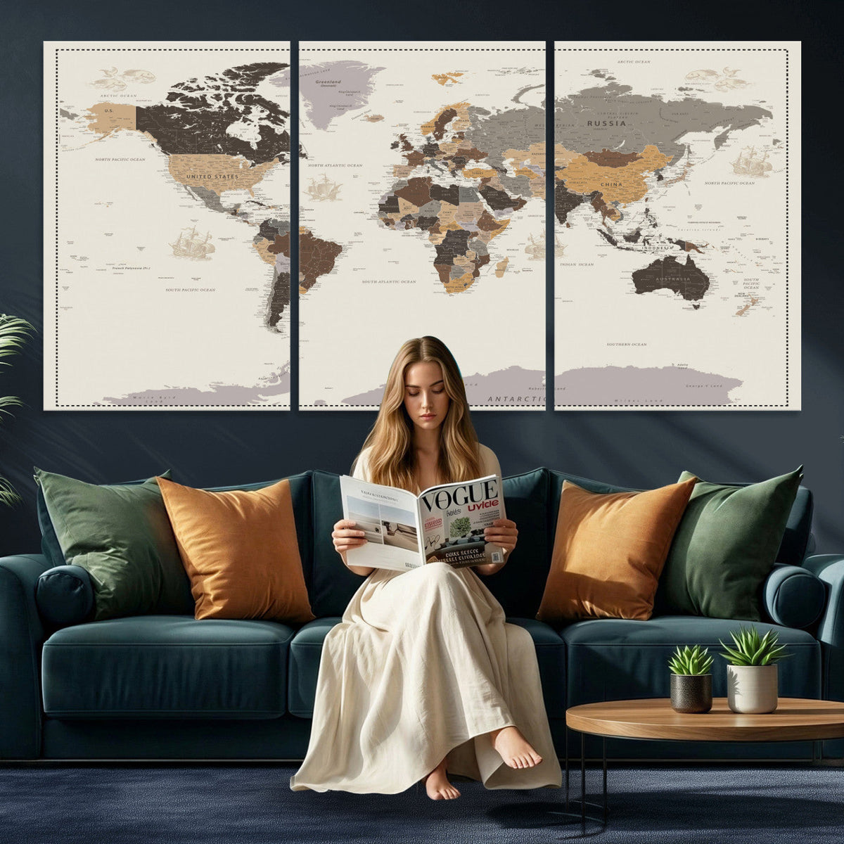Custom Beige Modern Push Pin World Map Canvas Print, Places Visited Tracker, Bedroom and Study Decor