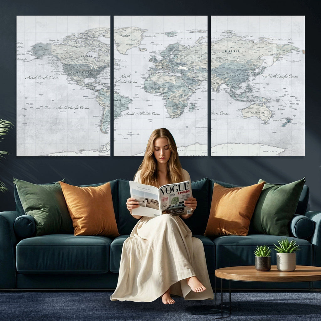 Push Pin World Map Canvas Print - Detailed Vintage World Map