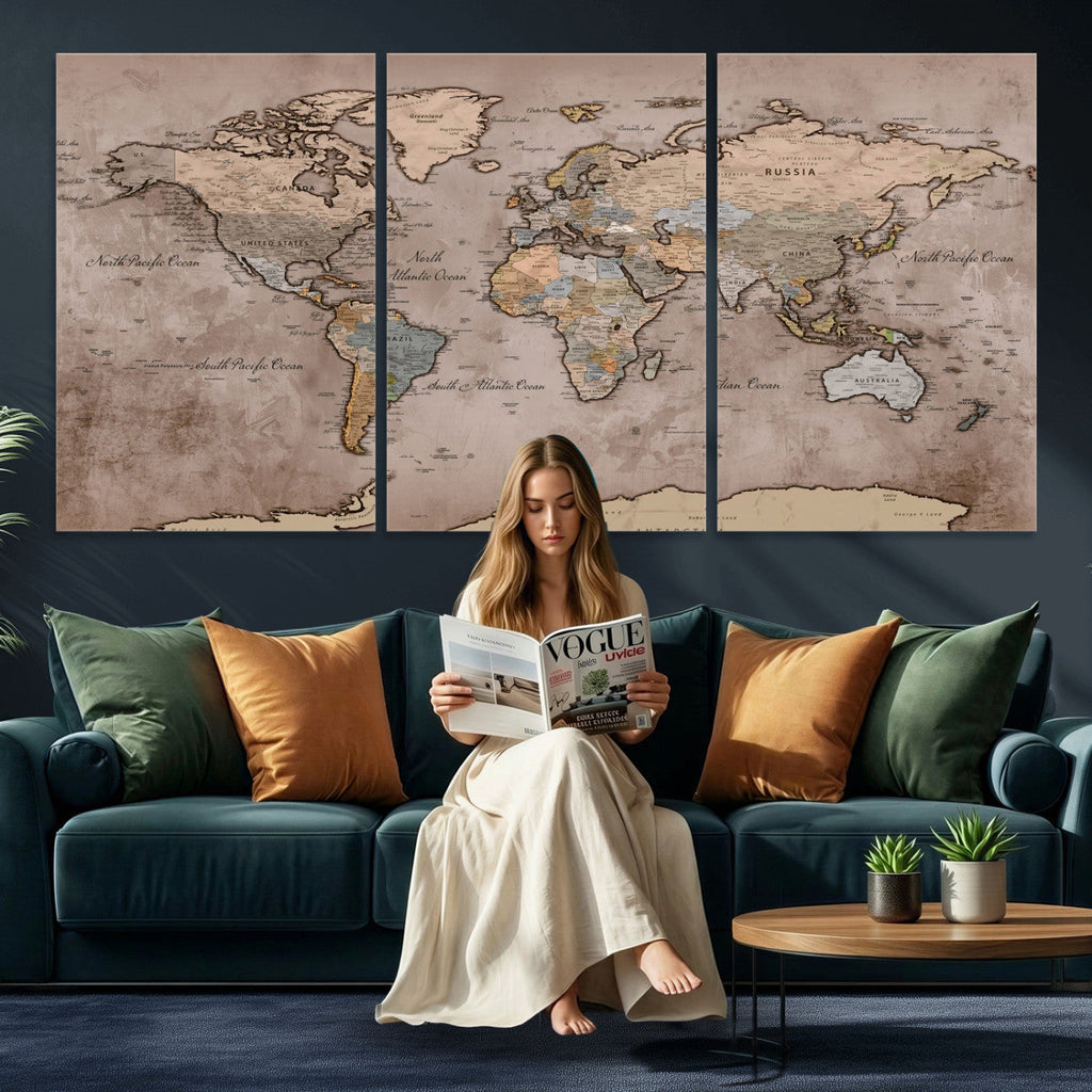 Grunge World Map Canvas Wall Art - Vintage Aged World Map with Golden Tones