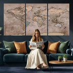 Grunge World Map Canvas Wall Art - Vintage Aged World Map with Golden Tones