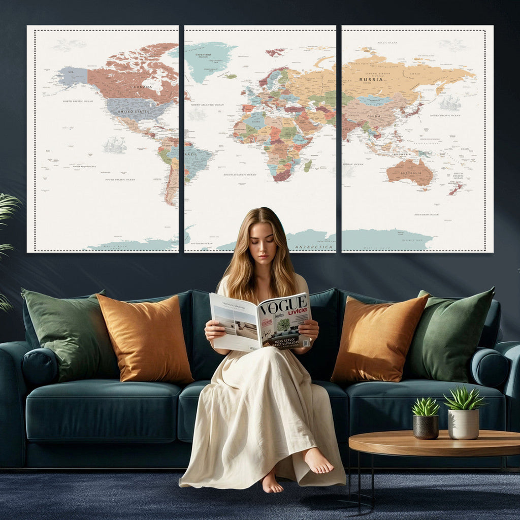 Pastel Colors World Map Wall Art Canvas Print