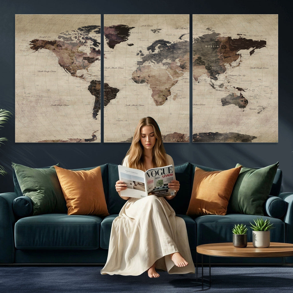 World Map Canvas Print, Detailed Map of the World, Adventure Gift for Couples and Anniversaries
