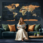 Vintage World Map Canvas Wall Art | Detailed Map with Countries, Oceans and Continents