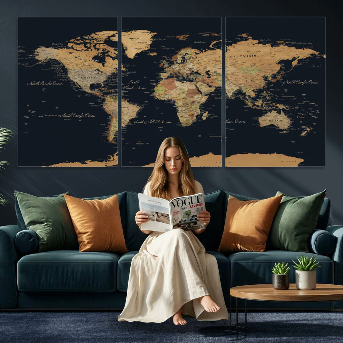 Vintage World Map Earth Globe Countries Oceans Continents