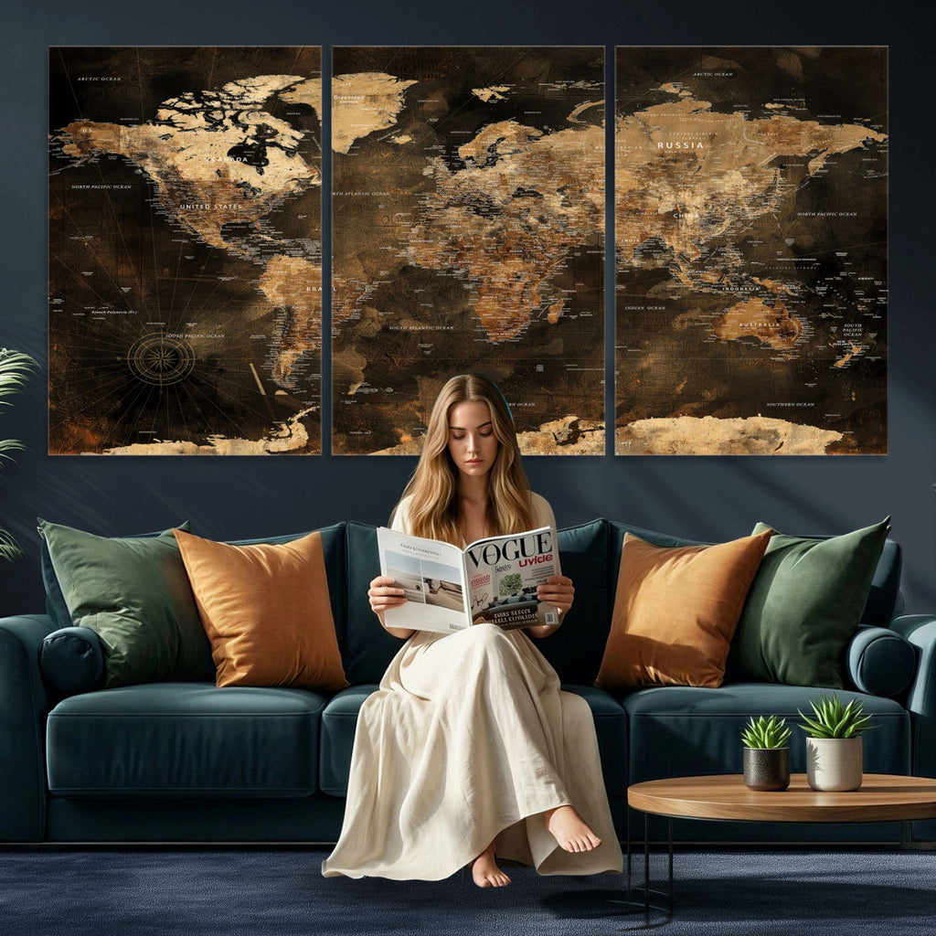 World Map Canvas Print, Modern Decorative Framed Map Artwork