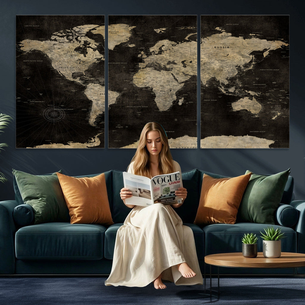 Push Pin World Map Canvas Wall Art Print, Interactive Travel Map