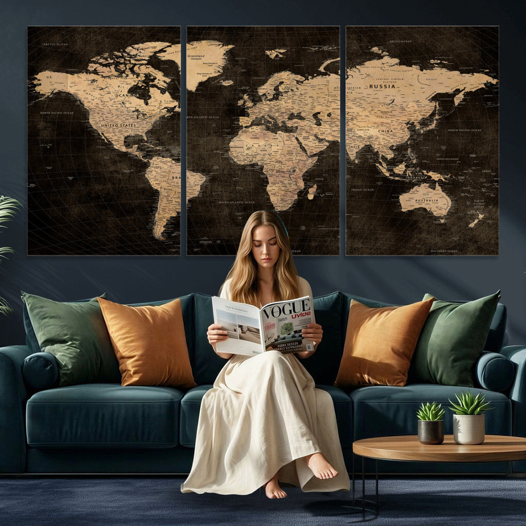 Brown World Map Canvas Print | Modern Travel Map Wall Art