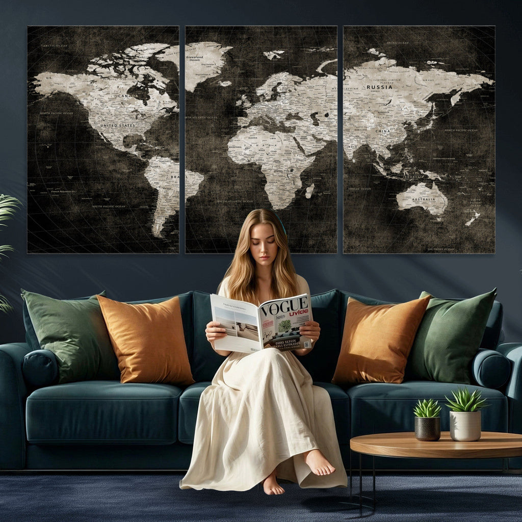 Vintage World Map Wall Art Canvas Print | Framed Large Map Wall Art