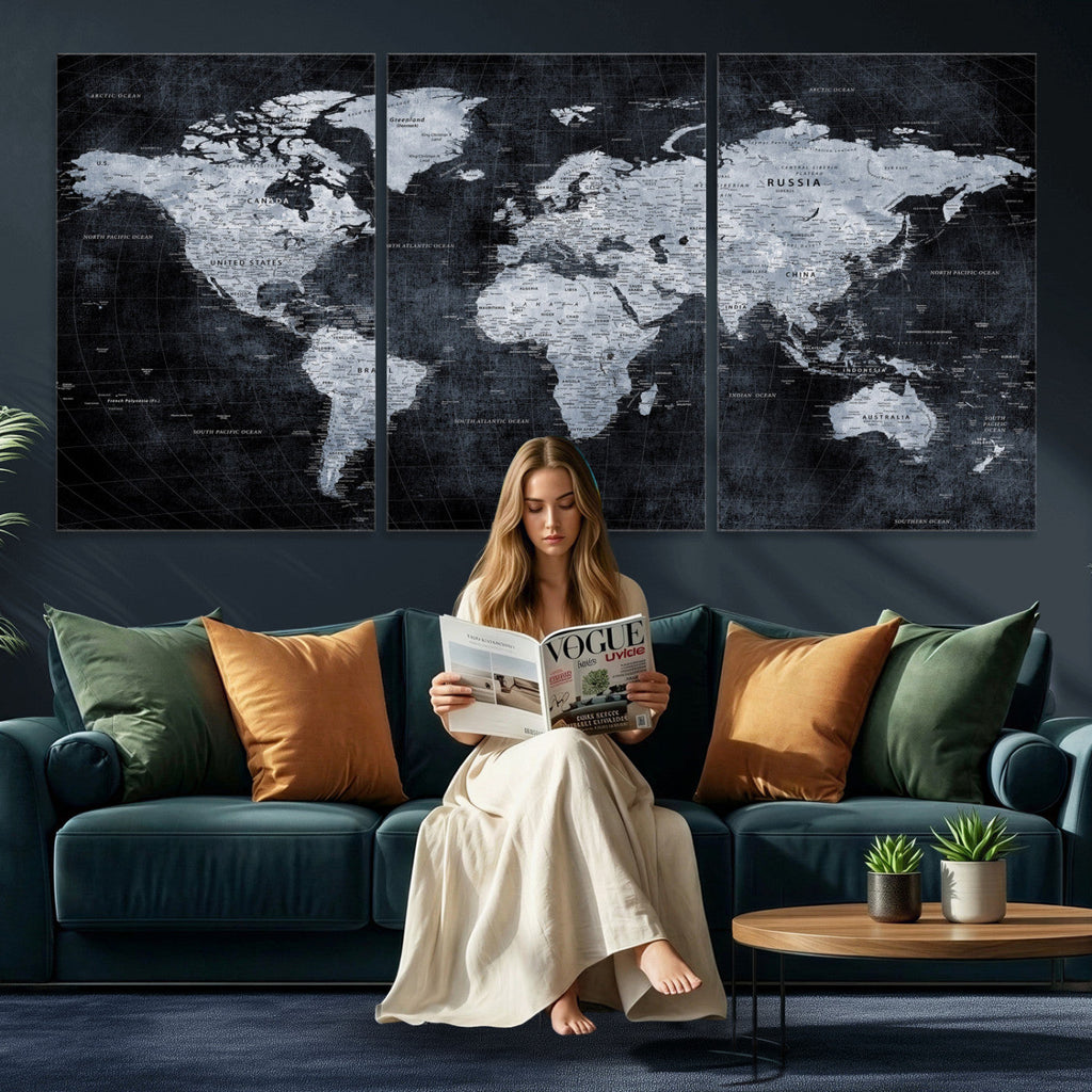 Black World Map Canvas Print | Detailed Map for Couples and Anniversary Gift