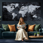 Black World Map Canvas Print | Detailed Map for Couples and Anniversary Gift