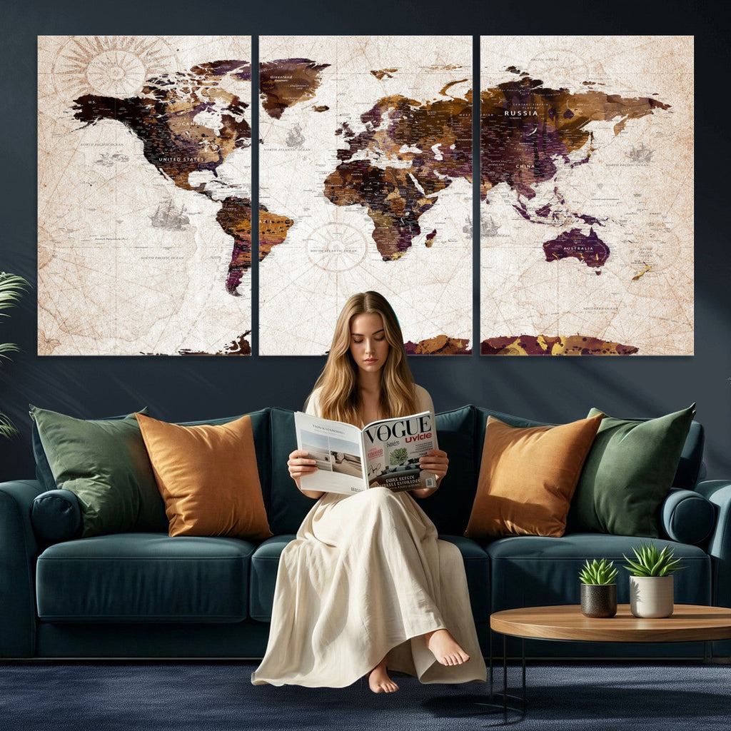 Blue Watercolor World Map Canvas Print | Framed Modern Wall Art