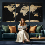 Beige World Map Canvas Wall Art Print, Minimal Black and Beige Map
