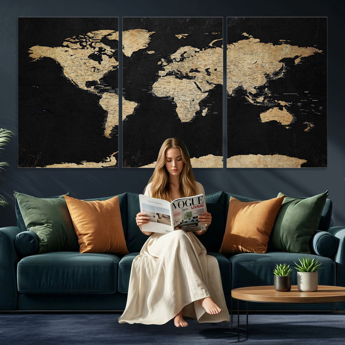 Beige World Map Canvas Wall Art Print, Minimal Black and Beige Map