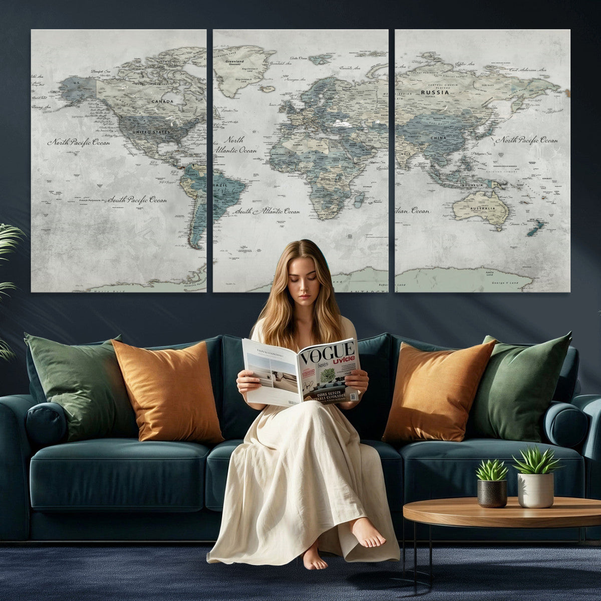 Neutral Vintage World Map Canvas Wall Art Print, Classic Map Artwork