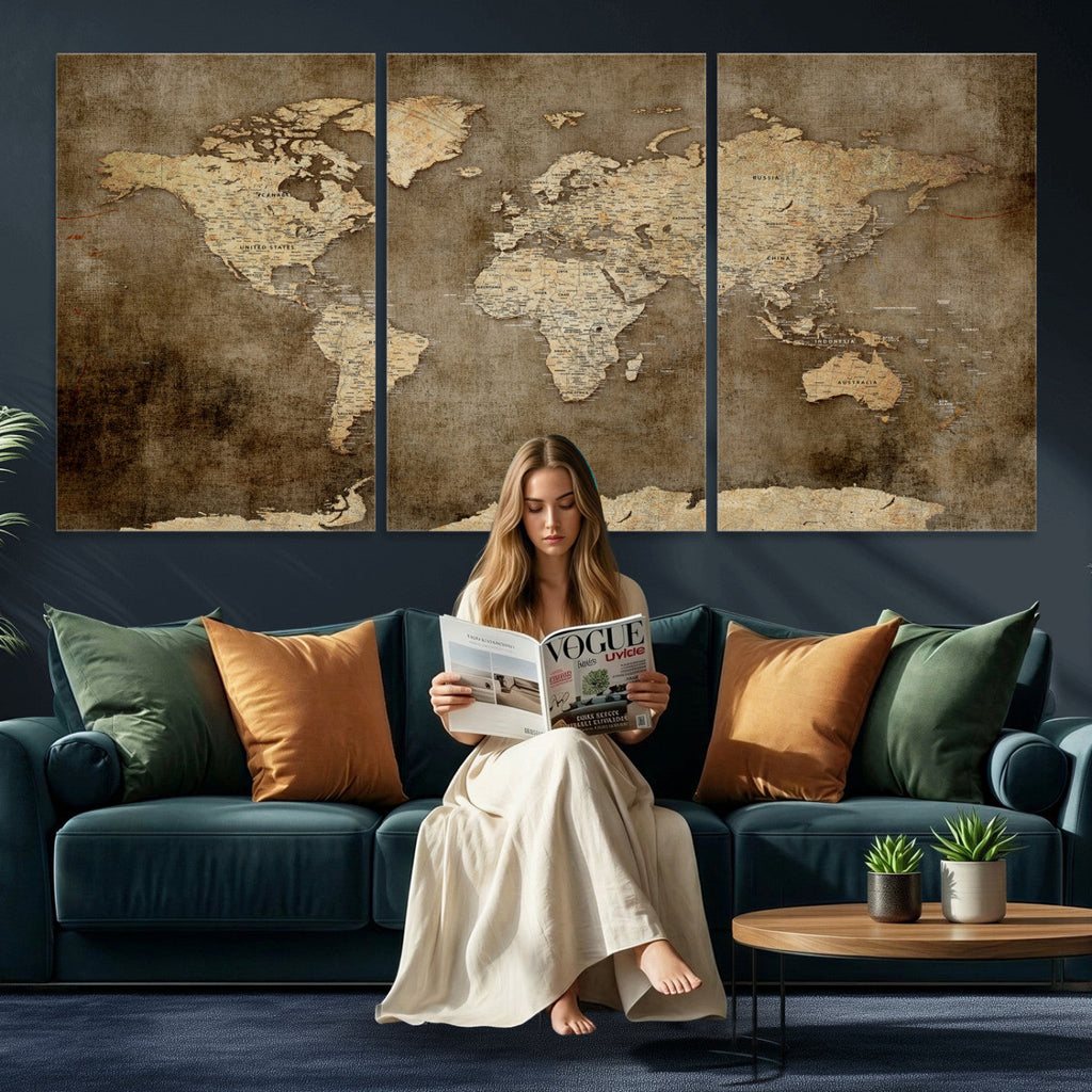 Dark Vintage World Map Canvas Wall Art Print, Antique Map Artwork