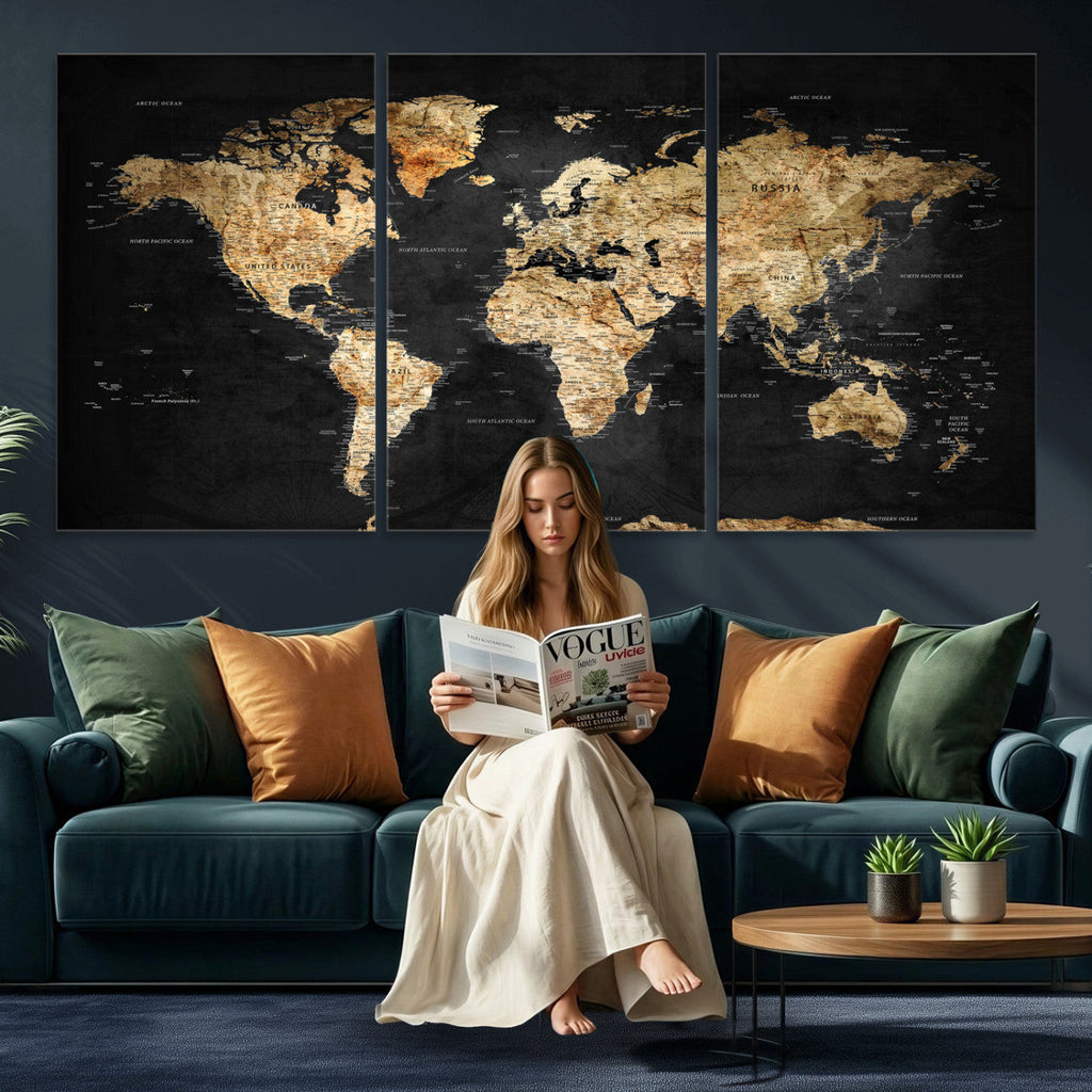 World Map Canvas Wall Art with Famous Landmarks | Framed Travel Map