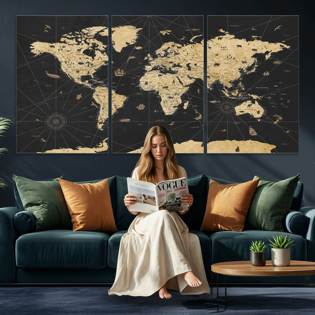 Vintage Blue and Brown World Map Canvas Wall Art | Framed Rustic Map Print