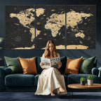 Vintage Blue and Brown World Map Canvas Wall Art | Framed Rustic Map Print