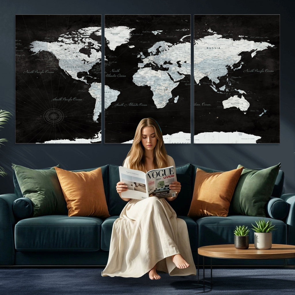 World Map Canvas Print | Framed Push Pin Wall Art, Color Splash Travel Map