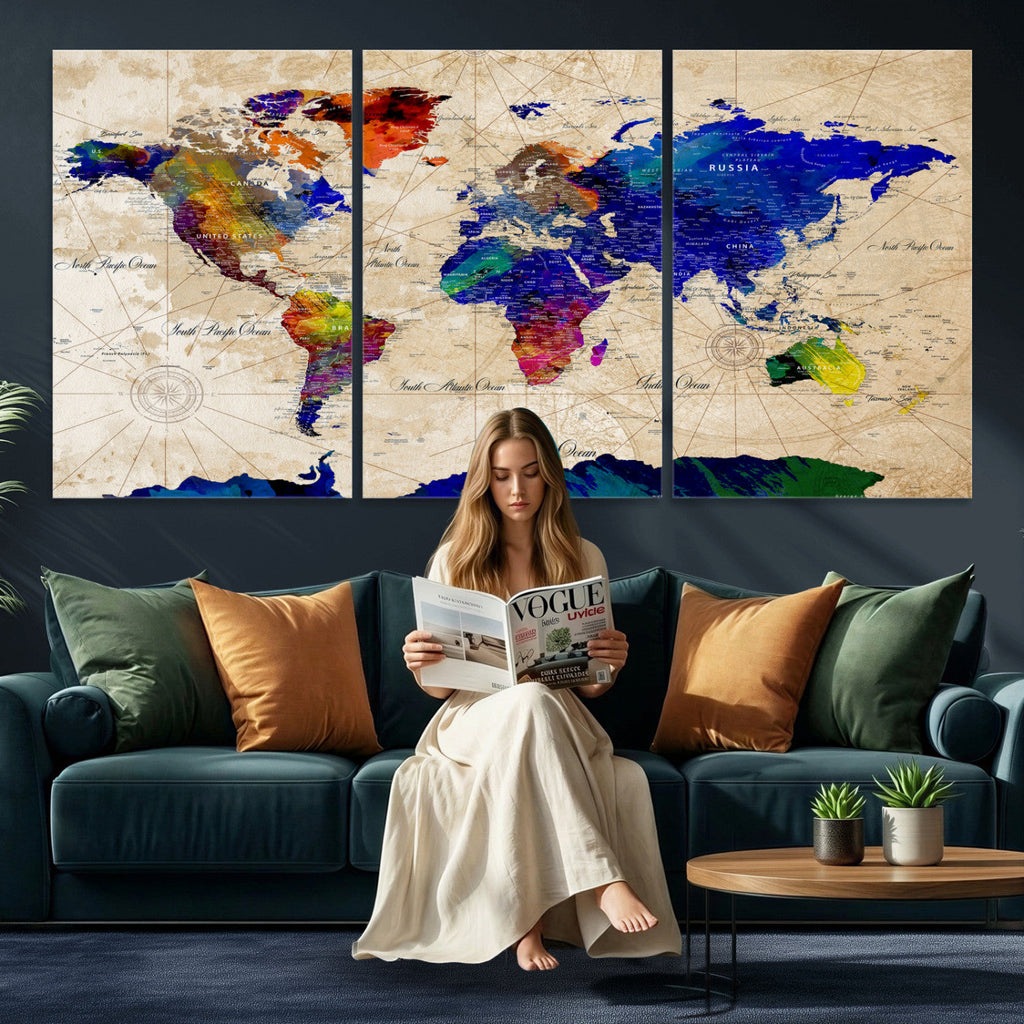 Watercolor World Map Canvas Print | Framed Wall Art for Couples