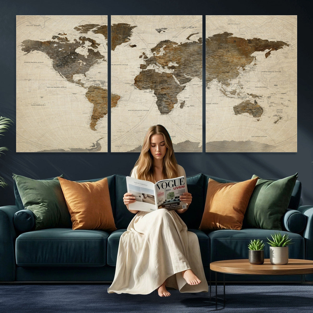 Vintage World Map Canvas Wall Art | Framed Antique Style Travel Map