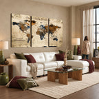 World Map Wall Art | Rustic Earth Tone Canvas Print, Antique Travel Map