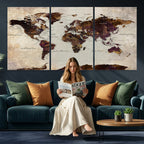 World Map Canvas Triptych | Colorful Global Wall Art for Living Rooms