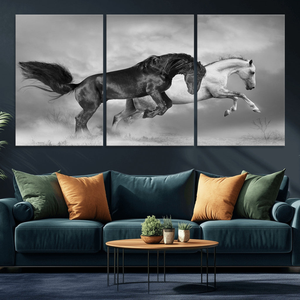 Wild Horses Wall Art Canvas Print, Framed Black and White Galloping Horses