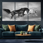 Wild Horses Wall Art Canvas Print, Framed Black and White Galloping Horses