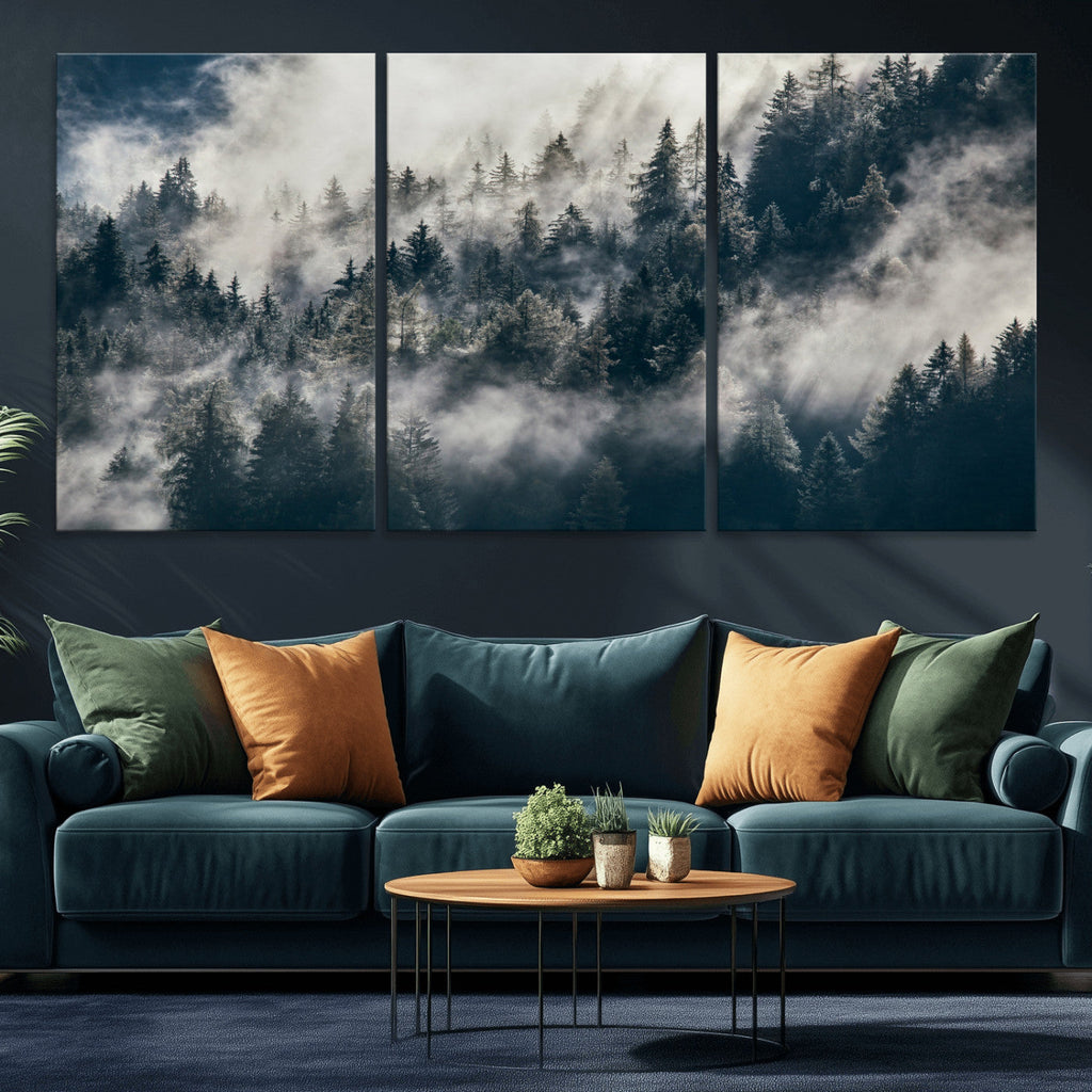 Foggy Mountain Forest Canvas Print, Misty Pine Trees Nature Wall Art