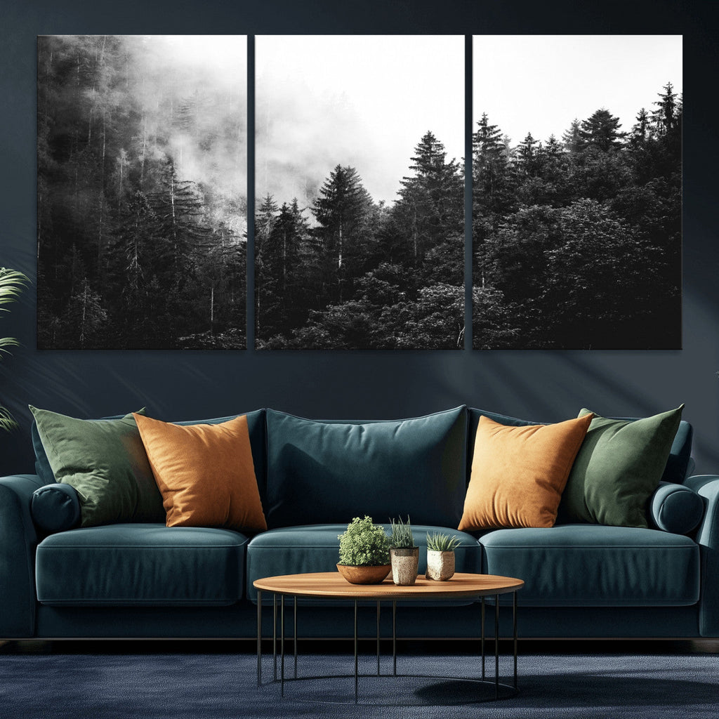 Black White Forest Wall Art Canvas Print, Misty Pine Tree Landscape