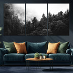 Black White Forest Wall Art Canvas Print, Misty Pine Tree Landscape