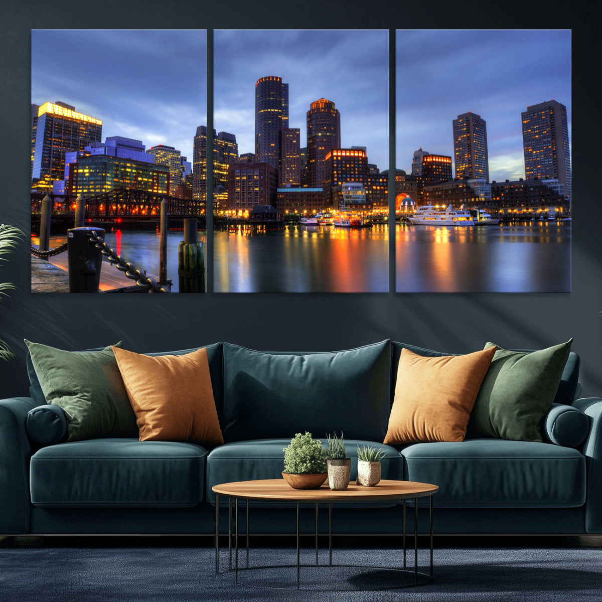 Boston Wall Art Canvas Print, Boston City Downtown Night Cityscape