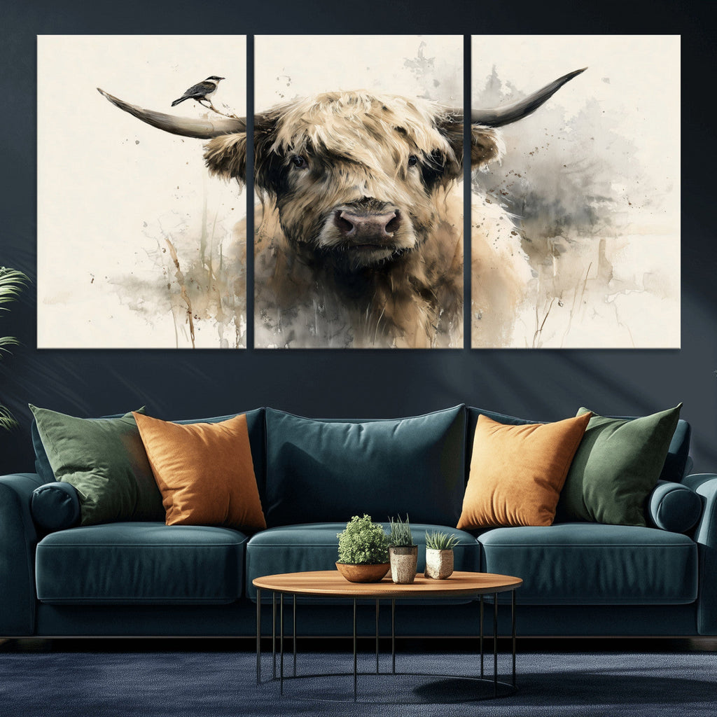 Abstract Highland Cow Wall Art Canvas Print, Rustic Farm Cattle Portrait