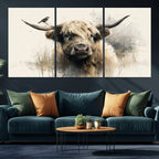 Abstract Highland Cow Wall Art Canvas Print, Rustic Farm Cattle Portrait