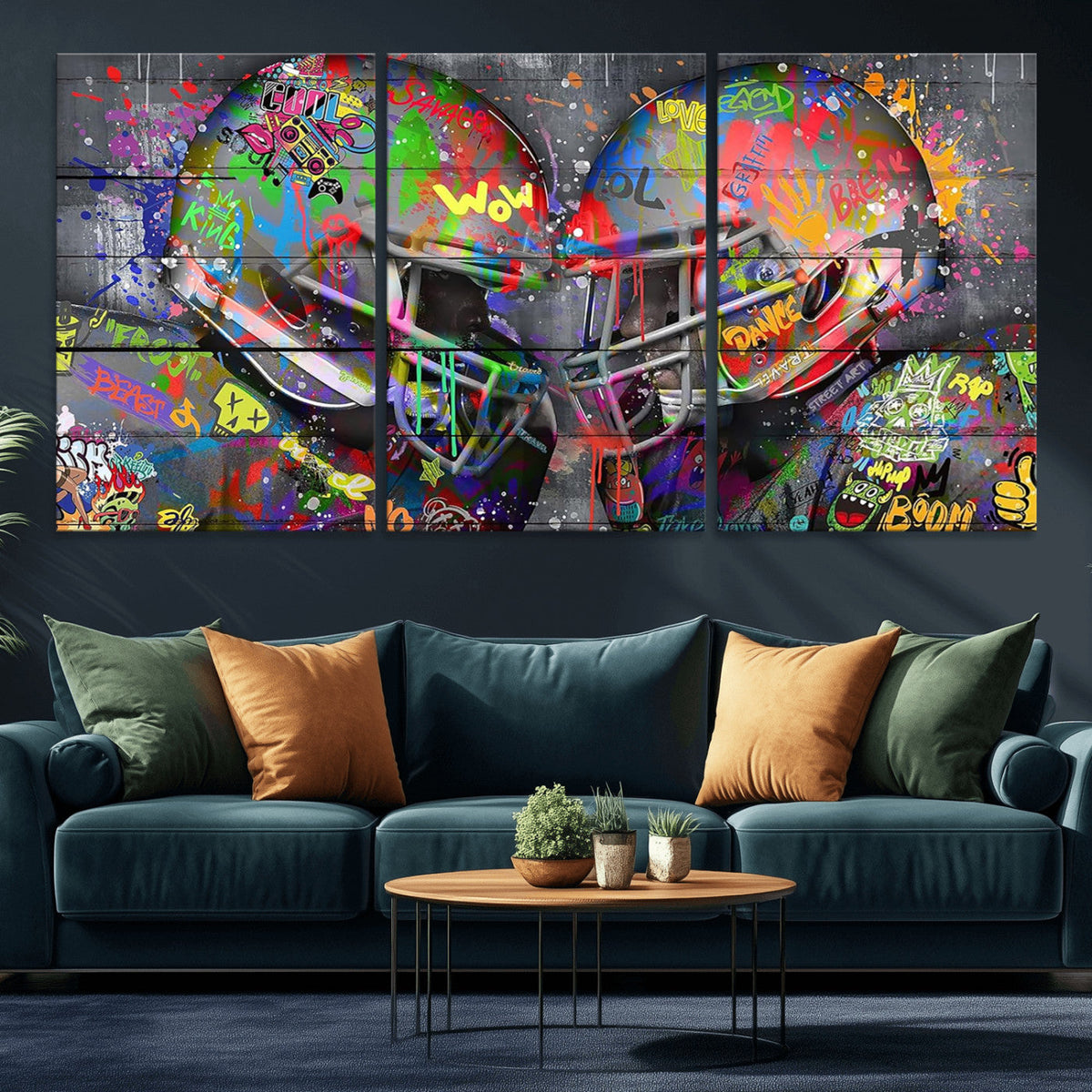 Graffiti Football Helmets Wall Art Canvas Print, Urban Street Art