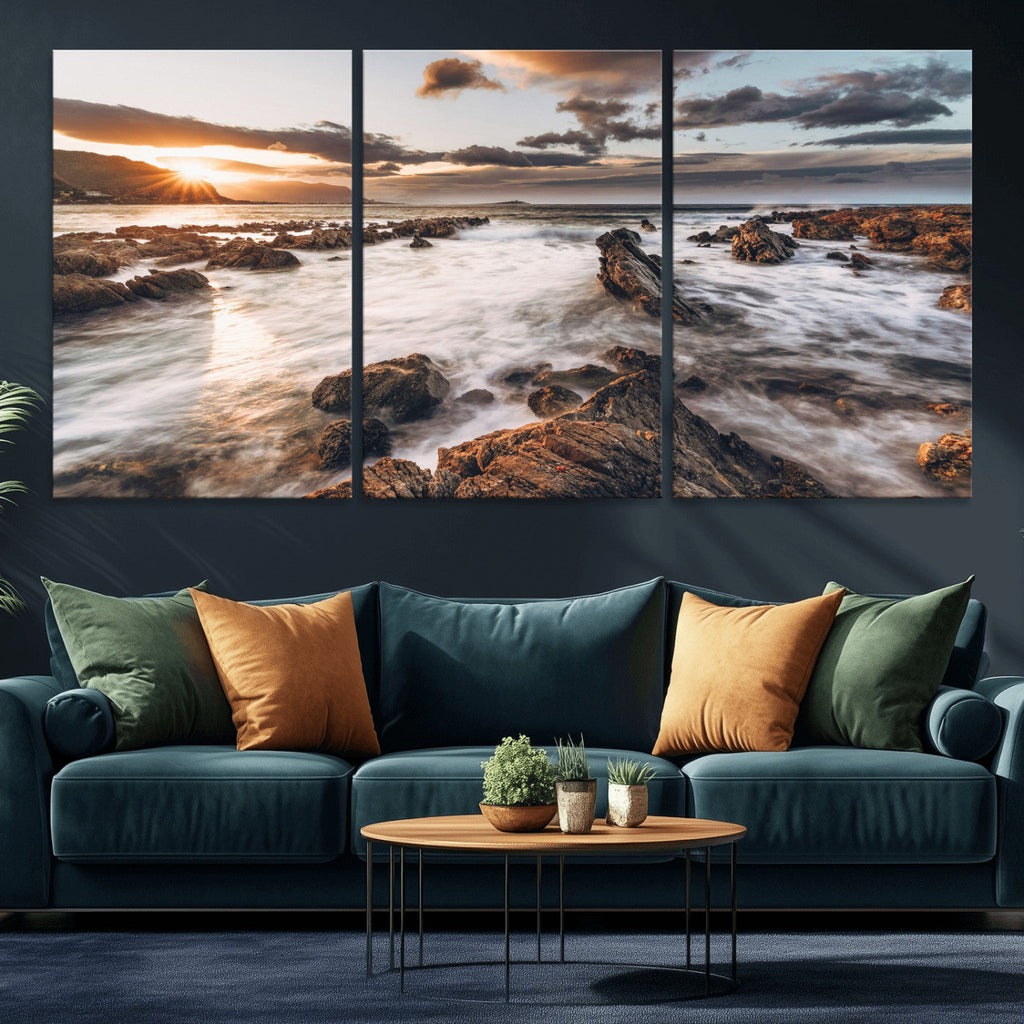Rocky Coast Ocean Sunset Wall Art Canvas Print, Dramatic Seascape Nature Decor