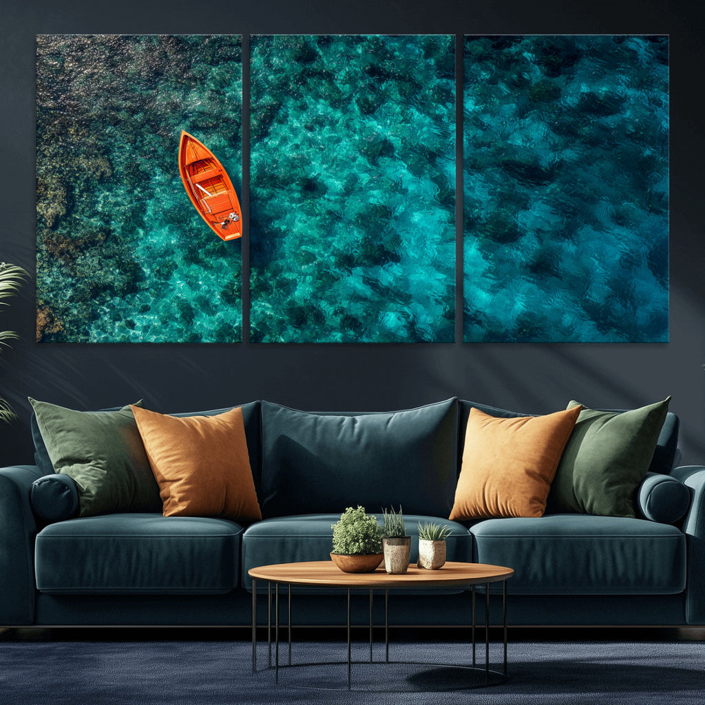 Turquoise Ocean Boat Wall Art Canvas Print