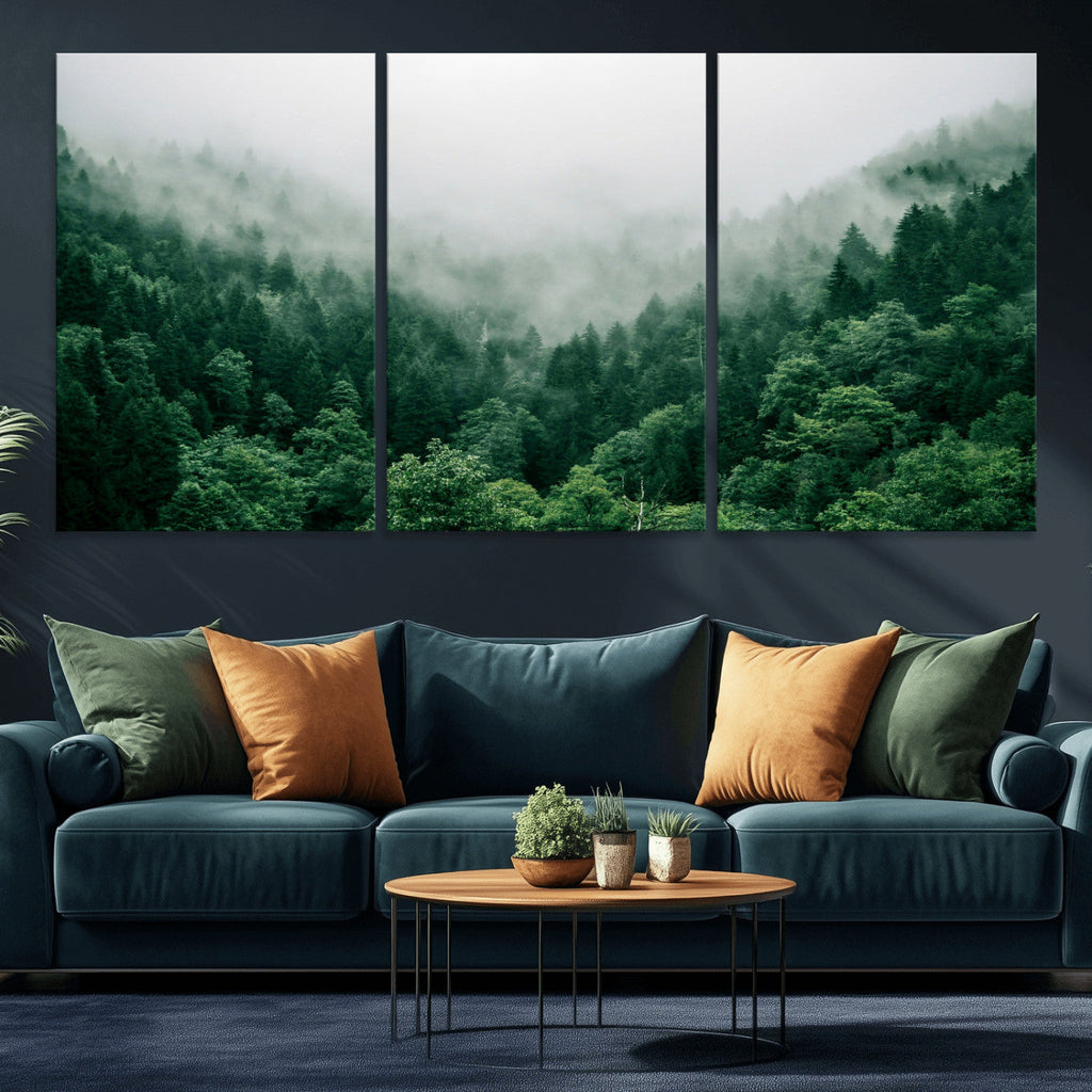 Misty Pine Forest Wall Art Canvas Print, Foggy Evergreen Landscape