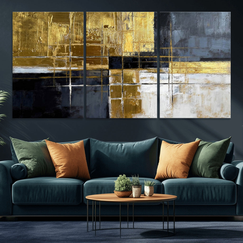 Gold Navy Abstract Wall Art Canvas Print, Modern Luxury Geometric Art for Living Room and Office