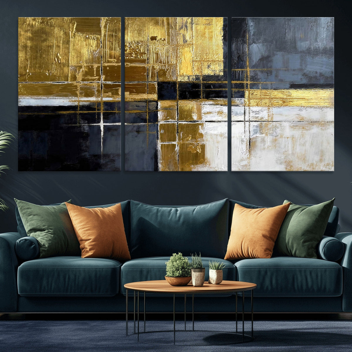 Gold Navy Abstract Wall Art Canvas Print, Modern Luxury Geometric Art for Living Room and Office